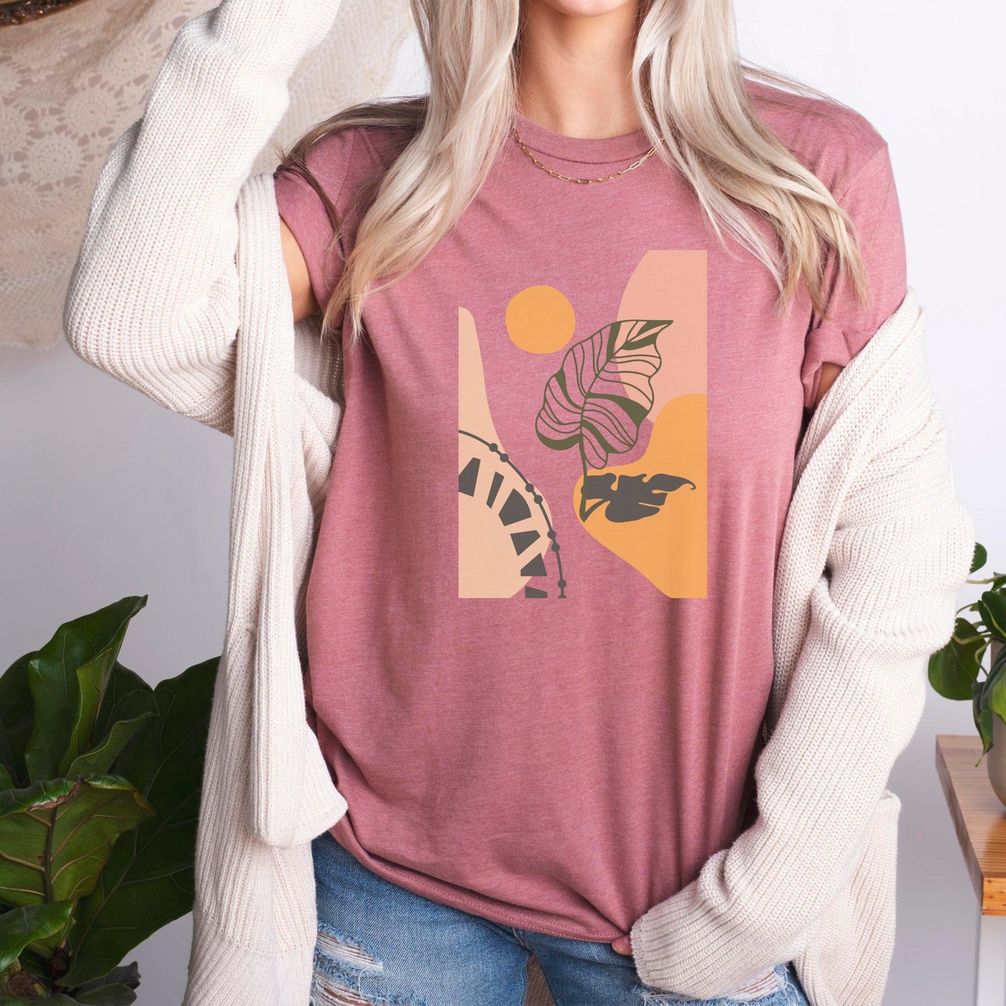 Boho Leaf At Sunset Soft Breathable Flowers T-Shirt