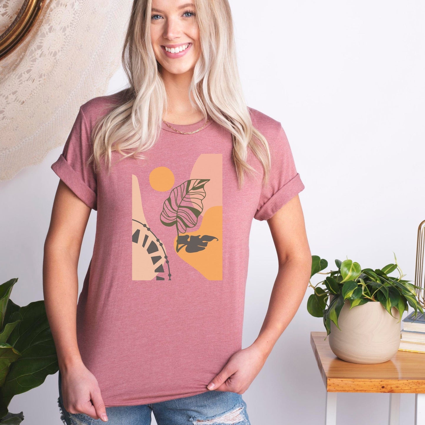 Boho Leaf At Sunset Soft Breathable Flowers T-Shirt